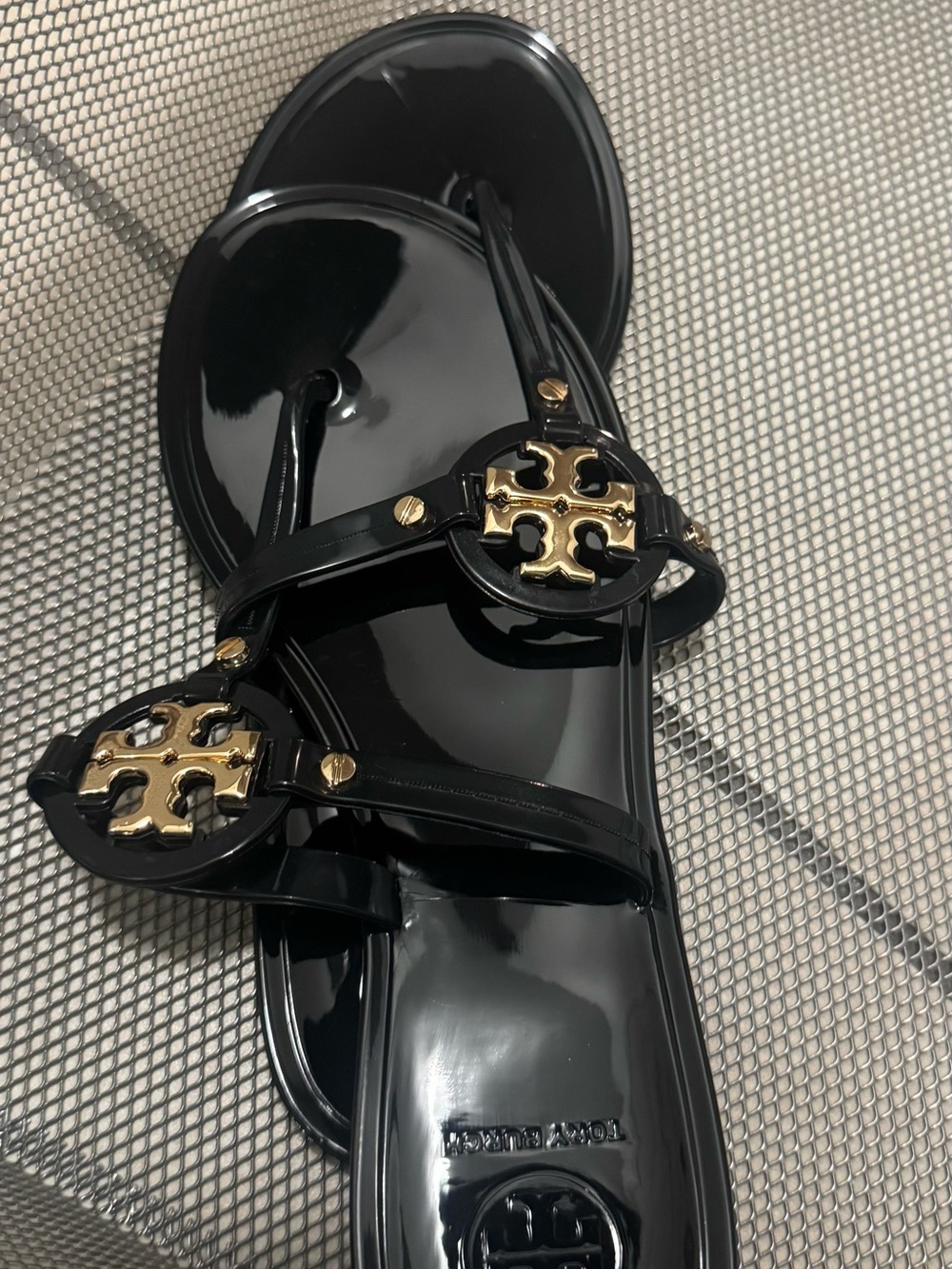 Tory Burch Black Patent Sandals with Gold Emblem